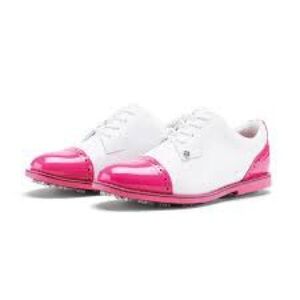 G/FORE Women's Cap Toe Gallivanter golf shoes in white and pink leather. ⛳️